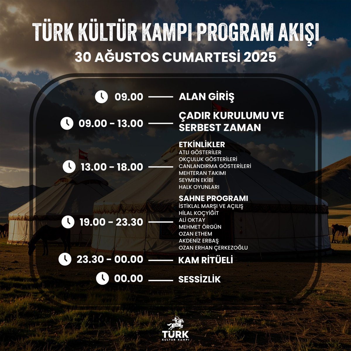 TurkKulturKampi's tweet photo. 📢 Türk Kültür Kampı Etkinlik Saatleri!

Türk kültürünü doyasıya yaşayacağınız bu büyük buluşmada, konserlerden atölyelere, sahne gösterilerinden çocuk etkinliklerine kadar tüm program artık belli!

Gün boyu çocuk etkinlikleri olacaktır.

🎯 Kim olduğunu hatırla…

📍 Konum: Ankara / Pursaklar – Karaköy Mesire Alanı

📅 30-31 Ağustos 2025

#TürkKültürKampı #KimOlduğunuHatırla #TTAgrup
