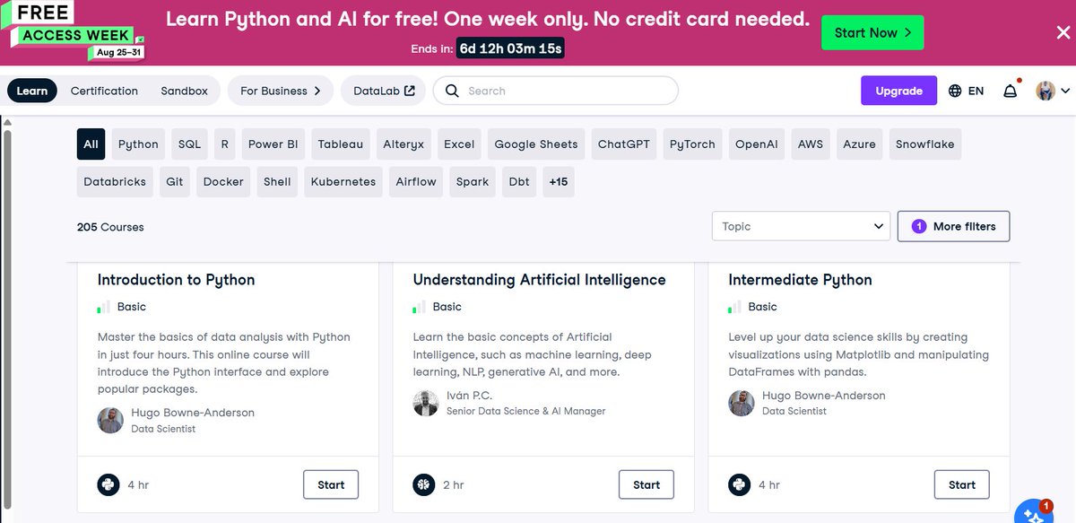 owenmantall's tweet image. Take advantage of this offer on DataCamp. Learn Python and AI for fee for one week. No payment required. 
#Python #AI #DataCamp