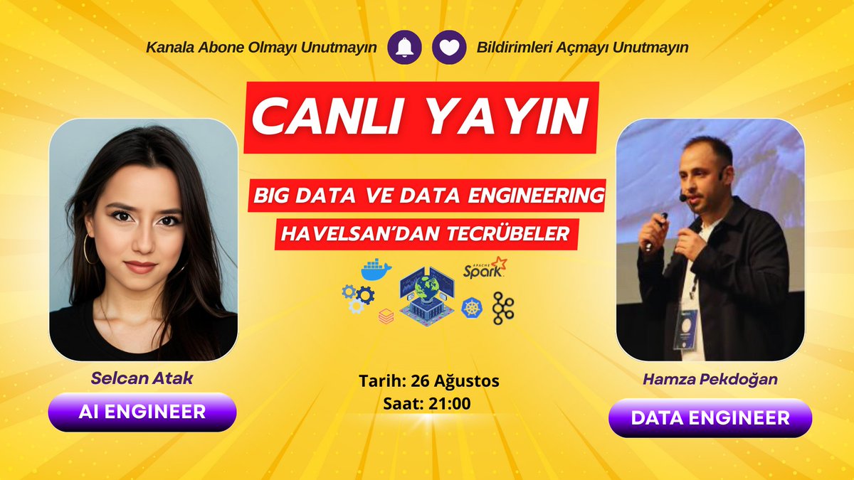 🎙️ Data Engineer, kariyer ve teknoloji üzerine dopdolu bir canlı yayın✨

🗓 Tarih: 26 Ağustos
⏰ Saat: 21:00
🔴 İzlemek isteyenler için linki bırakıyorum: ytbe.app/go/awk7lP6B

🙌 Salı akşamı canlı yayında görüşmek üzere