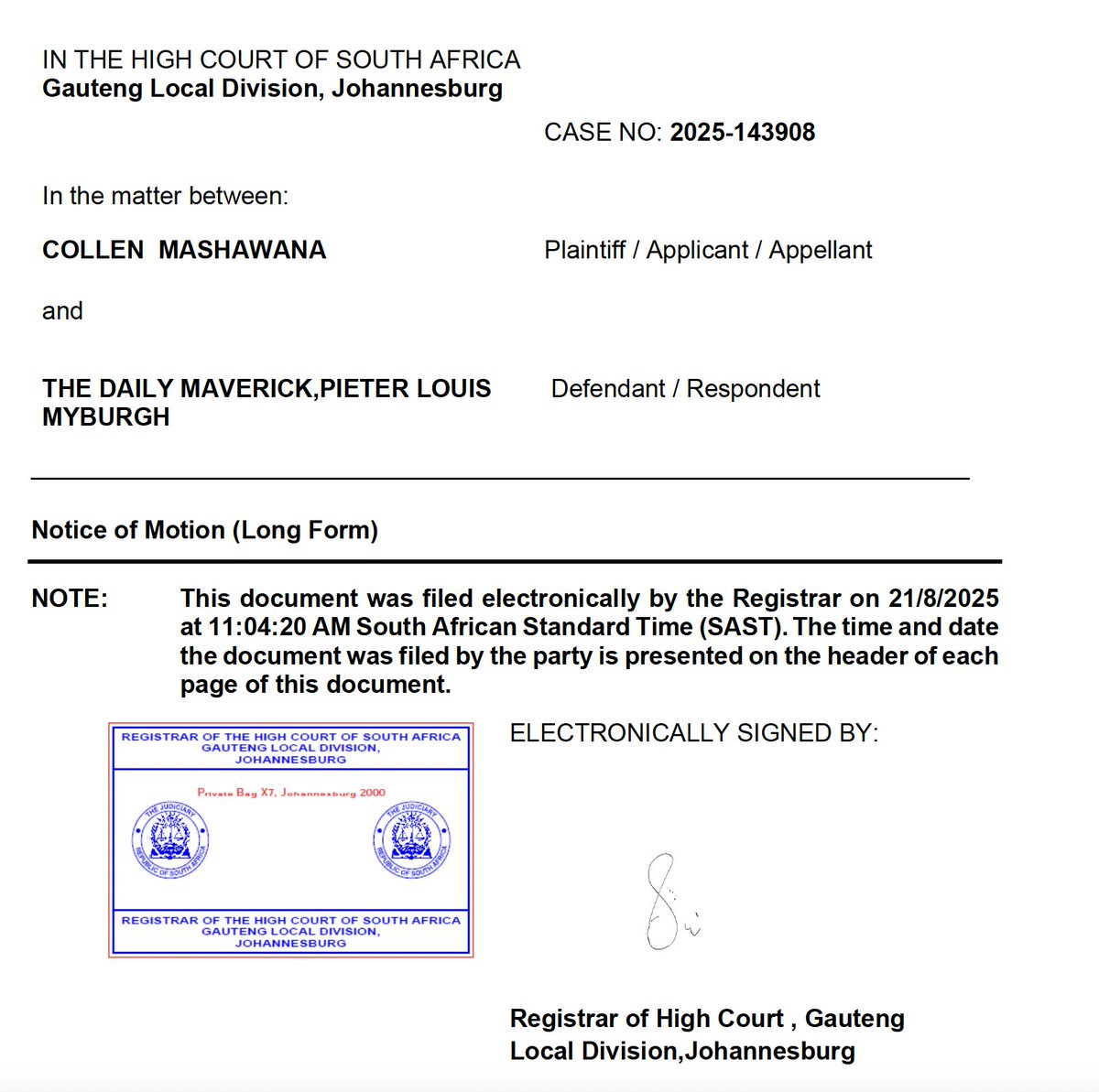 Pieter-Louis Myburgh (@plmyburgh) on Twitter photo #CollenMashawana vs this journalist and <a href="/dailymaverick/">Daily Maverick</a> - Urgent interdict for a "gag order" - Mashawana wants to stop our investigations into him and the Collen Mashawana Foundation/IDT/#TebogoMalaka affair. To be heard Tuesday or Wednesday Joburg High Court. #mediafreedom #CollenMashawana vs this journalist and <a href="/dailymaverick/">Daily Maverick</a> - Urgent interdict for a "gag order" - Mashawana wants to stop our investigations into him and the Collen Mashawana Foundation/IDT/#TebogoMalaka affair. To be heard Tuesday or Wednesday Joburg High Court. #mediafreedom