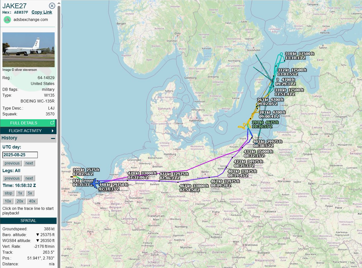 United States Air Force "Nuke Sniffer" Boeing WC-135R Constant Phoenix reg. 64-14829 spotted returning from a 7-hour Baltic Sea mission as #JAKE27.

Northern Baltic at ~17,500 ft, southern Baltic at ~4,700 ft. Taking air samples to measure radiation?

#NLspot