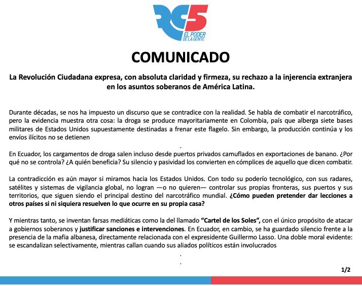 LiutSantiago21's tweet photo. ¡De no creer!

La Revolución Ciudadana mediante un comunicado OFICIAL se va contra los Estados Unidos, llaman mentiroso al servicio secreto de inteligencia de USA, niegan la existencia del cartel de los soles y apoyan abiertamente al régimen narcoterrorista de Nicolás Maduro. 

No pueden ser más estúpidos. 
De lo que nos salvamos.