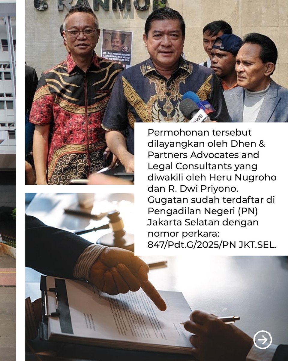 tvOneNews's tweet photo. Kejaksaan Agung digugat melakukan Perbuatan Melawan Hukum (PMH) karena tak kunjung mengeksekusi terpidana kasus pencemaran nama baik Silfester Matutina.

Permohonan tersebut dilayangkan oleh Dhen & Partners Advocates and Legal Consultants yang diwakili oleh Heru Nugroho dan R. Dwi Priyono. Gugatan sudah terdaftar di Pengadilan Negeri (PN) Jakarta Selatan dengan nomor perkara: 847/Pdt.G/2025/PN JKT.SEL.

"Agenda sidang pertama akan berlangsung pada hari Kamis, 28 Agustus 2025," sebagaimana dikutip dari permohonan pemohon, Senin (25/8).

#PhotostorytvOne #KejaksaanAgung #PerbuatanMelawanHukum #SilfesterMatutina #CariBeritaditvOne #tvOnenews #PS02