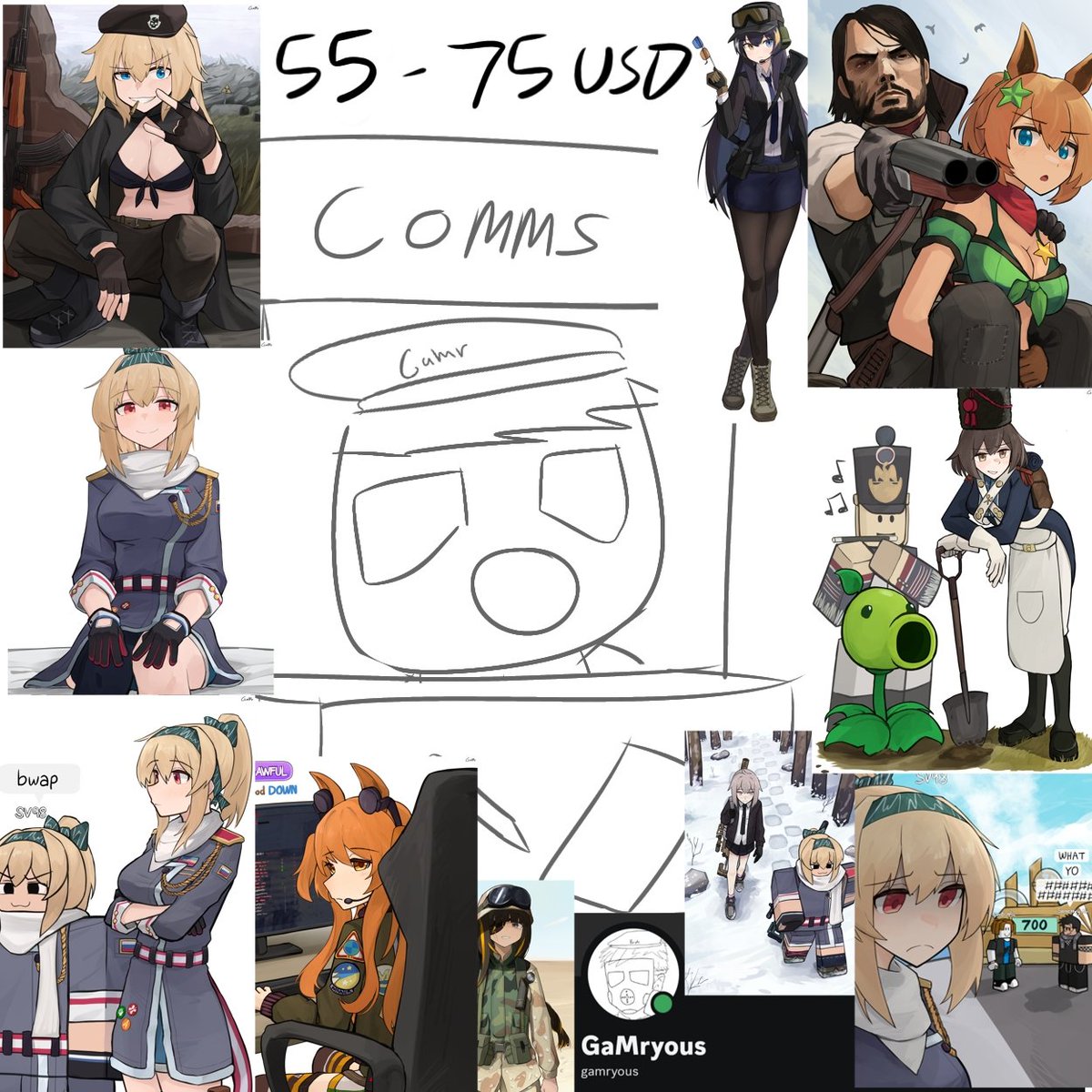 Comms open. 7 slots. Accepting requests based on various IPs/Franchises especially those I worked on in the past (Girl's Frontline, S.T.A.L.K.E.R, Uma Musume, Roblox). May work on OCs and characters from other IPs. DM to take a slot and for more pricing details.