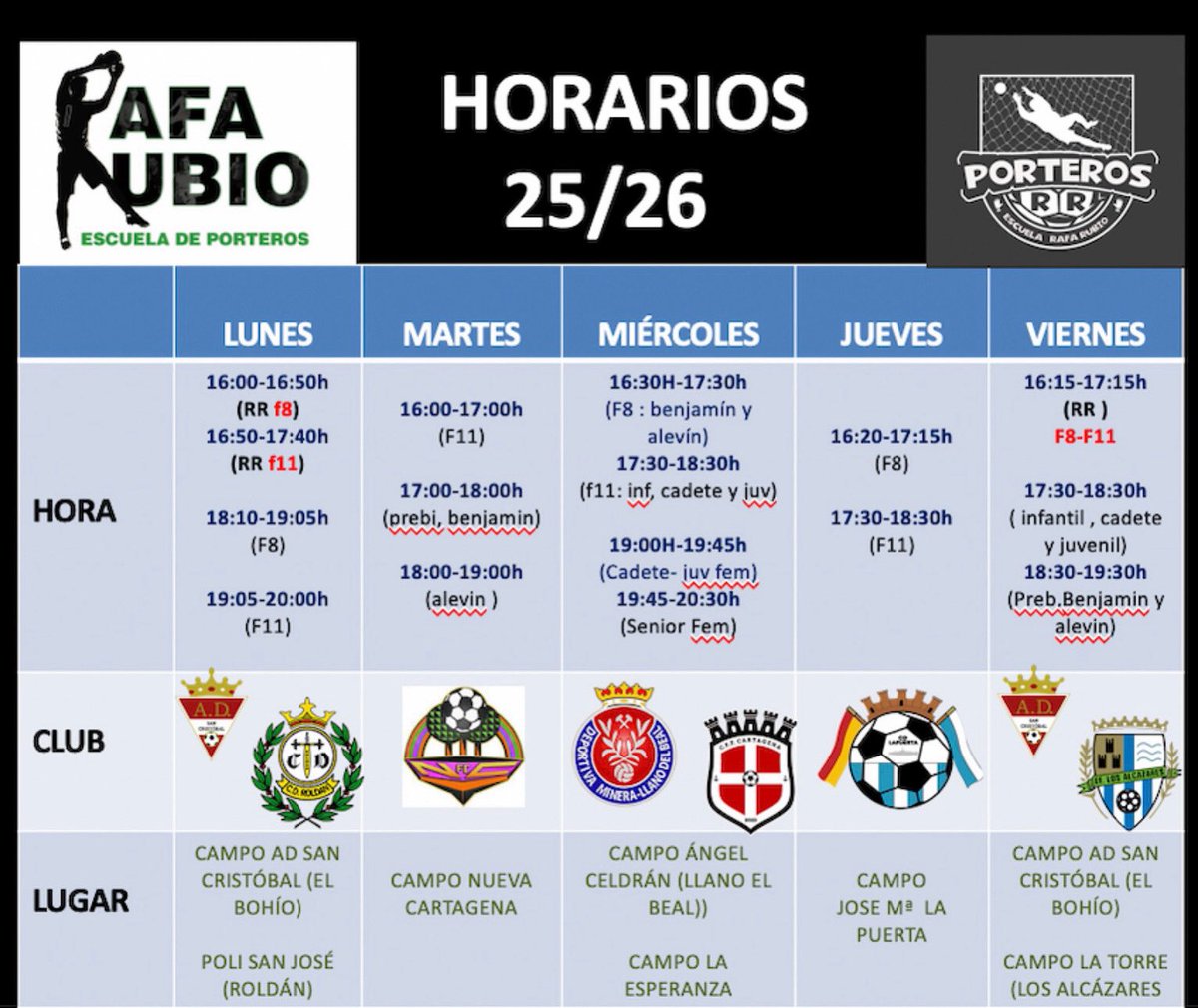 Nuevos Horarios para la temporada 25/26 ⚽️🧤

Este año tenemos 7 sedes! 🙌🏻

Abierto plazo de matrícula para nuevos alumnos de nuestra escuela! Pregunta ya! 

Inicio Lunes 1 Septiembre 💪

#RRteam #RRedp #EjércitoRosa