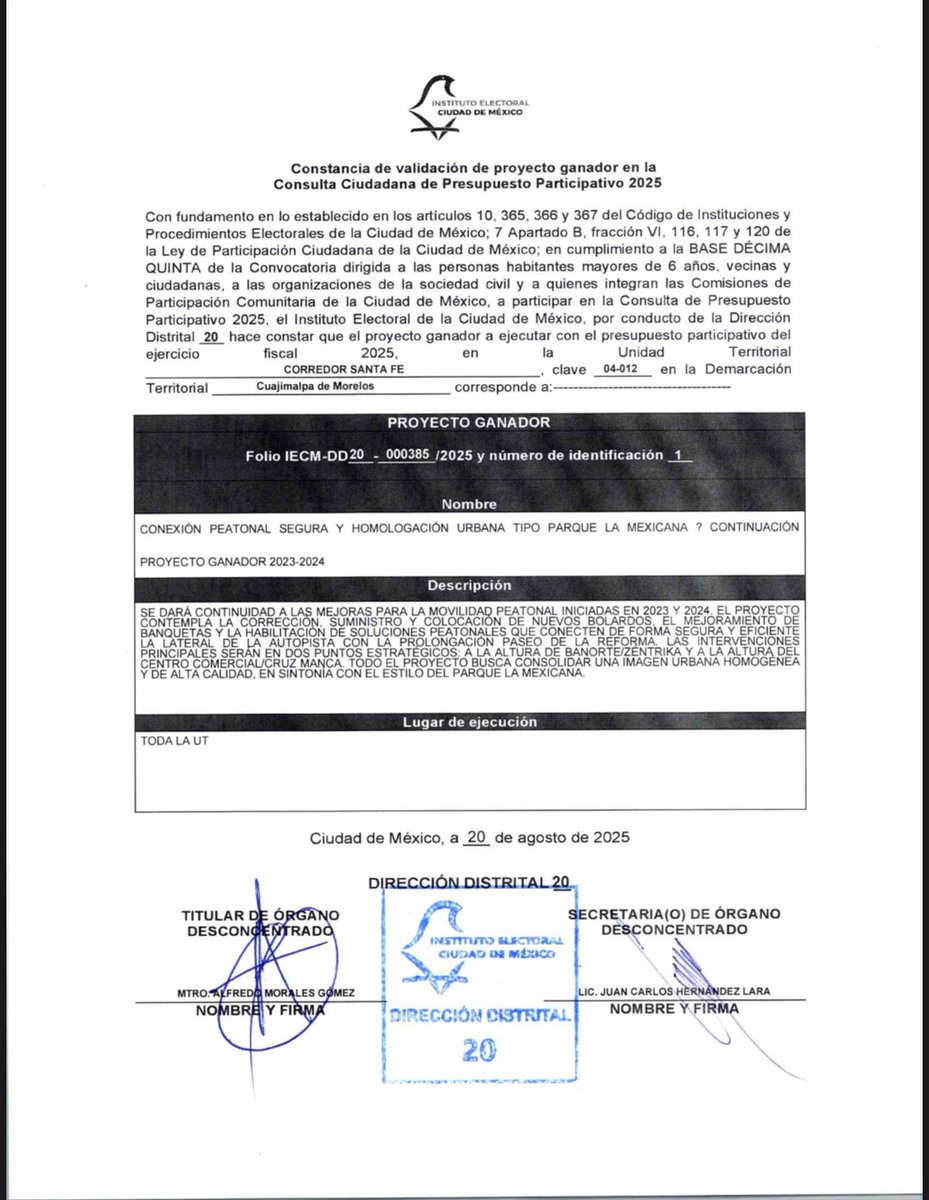 Les comparto la constancia del proyecto ganador,  vamos a ponernos a trabajar   #presupuesto2026 #enchulatucolonia #santafe #CDMX