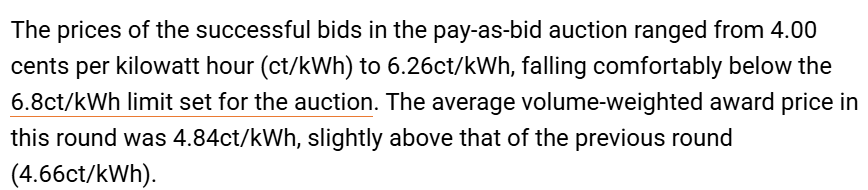 Qui però effettivamente viene da chiedersi come sia possibile che il valore minimo per i nostri incentivi al FV (65 EUR/MWh) sia sostanzialmente pari al valore MASSIMO per quelli tedeschi (68 EUR/MWh), che sono stati assegnati IN MEDIA a 48 EUR/MWh
pv-tech.org/germany-awards…