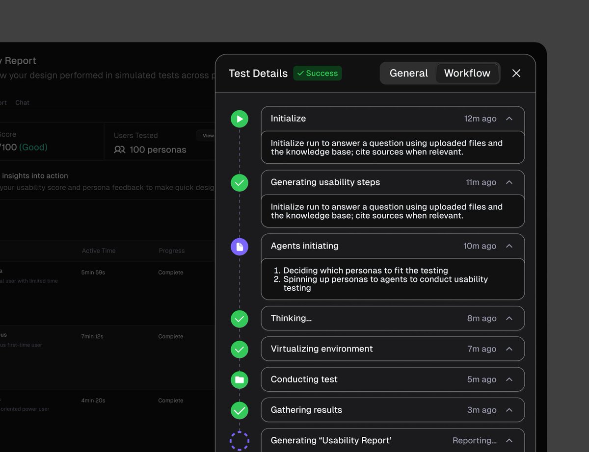 me: just test this screen real quick
agent: initializing → spinning up personas → virtualizing environment → conducting test → compiling results

like watching tiny researchers do the work for you