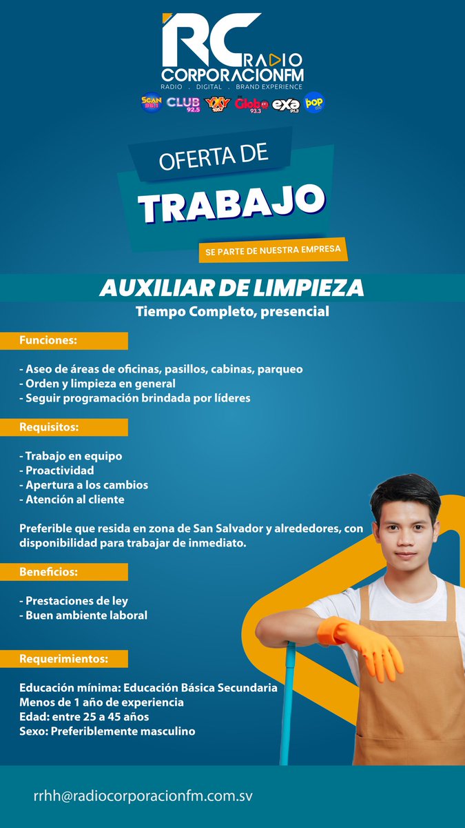 Oportunidad laboral 
- Enviar CV a: rrhh@radiocorporacionfm.com.sv