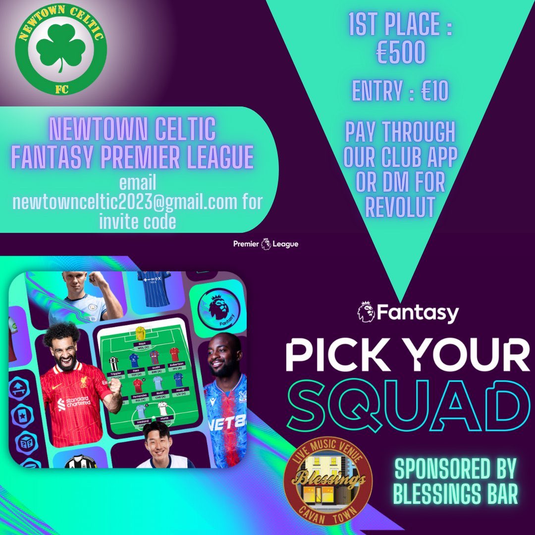 <a href="/NewtownCelticFC/">Newtown Celtic FC</a> would like to invite y'all to join their mini league using the link below;
 member.clubspot.app/club/newtown-c…

Up to €500 worth of prizes to be won 🏆

#FPL