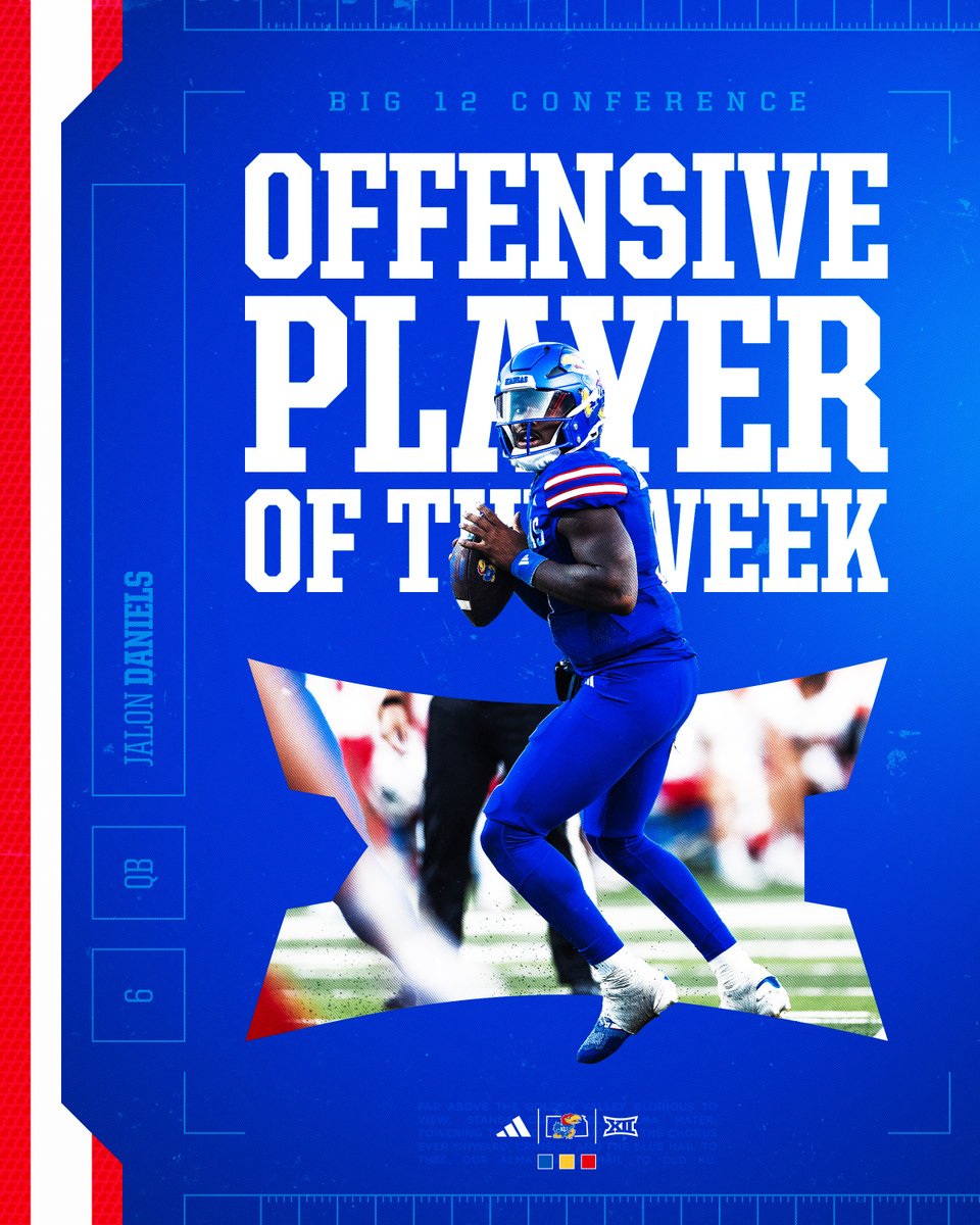 Kansas Football (@ku_football) on Twitter photo Just the beginning for JD6 ๐ฎโ๐จ
<a href="/JalonDaniels6/">๐๐ป๐๐ซ</a> has been named Big 12 Offensive Player of the Week ๐ฅ
๐โ bit.ly/KUFB-JalonBig1โฆ Just the beginning for JD6 ๐ฎโ๐จ
<a href="/JalonDaniels6/">๐๐ป๐๐ซ</a> has been named Big 12 Offensive Player of the Week ๐ฅ
๐โ bit.ly/KUFB-JalonBig1โฆ