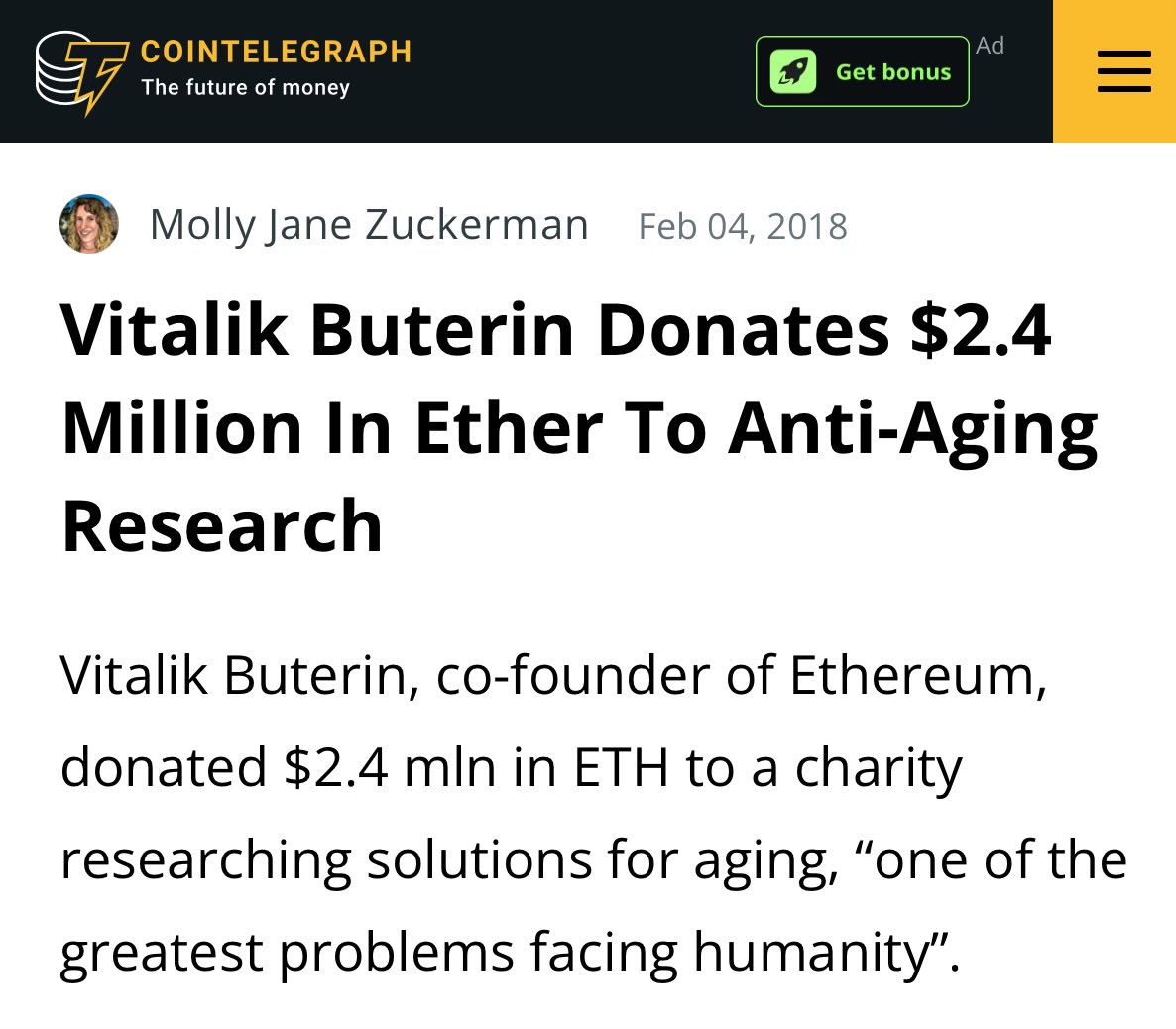 zacxbt's tweet image. In 2018 @VitalikButerin donated $2.4M in ETH to a foundation by @aubreydegrey to cure aging
7 years later @Aubrai_ is born: DeSci’s first BioAgent
“I’ve been a fan of Aubrey’s work since I first read Ending Aging as a teenager.”
👉 cointelegraph.com/news/vitalik-b…