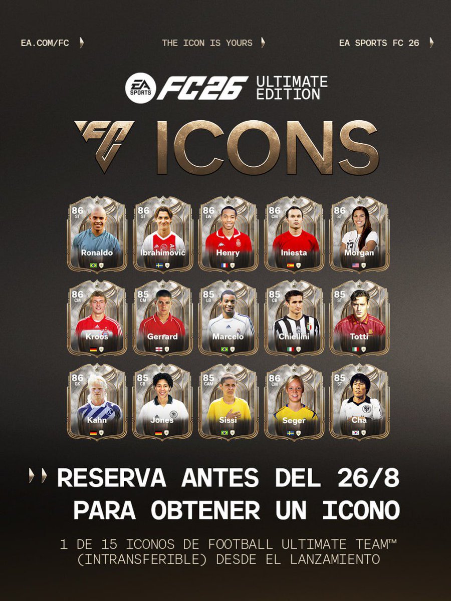 Betocoinsky's tweet image. 🔥 Lista oficial de iconos - ¡uno de ellos puede ser tuyo en el pack para la pre-orden anticipada de la Ultimate Edition!
🏆 Reserva antes del 26 de agosto
⚽️ En el lanzamiento, obtendrás la versión base del icono
🎮 En noviembre, la tarjeta será actualizada