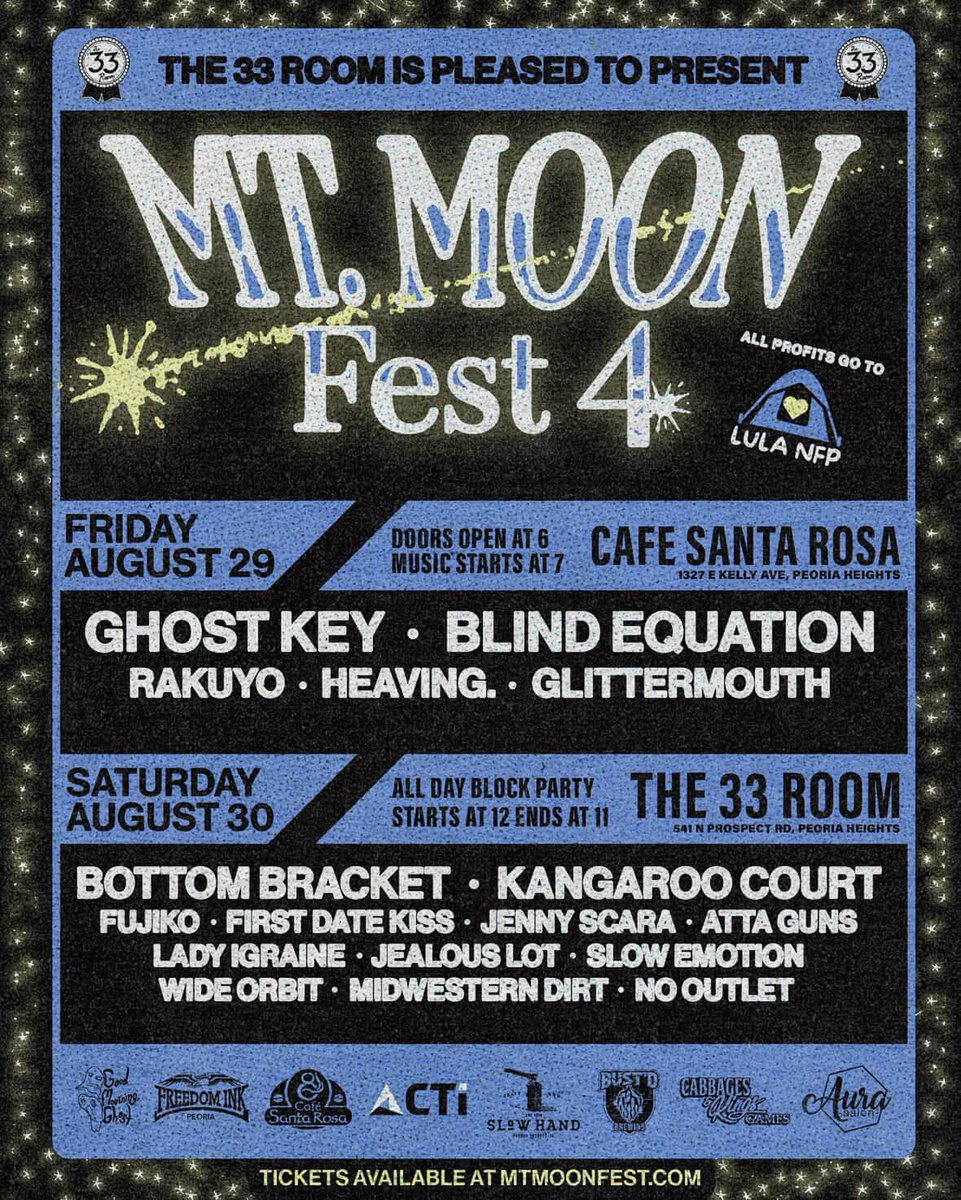 This Saturday we’re back in action for Mt. Moon Fest in Peoria with so many amazing bands!!

This is one of two more shows the rest of this year before we take a step back to hopefully write new music and figure out the future of BB.

✨🌊🚲🌾