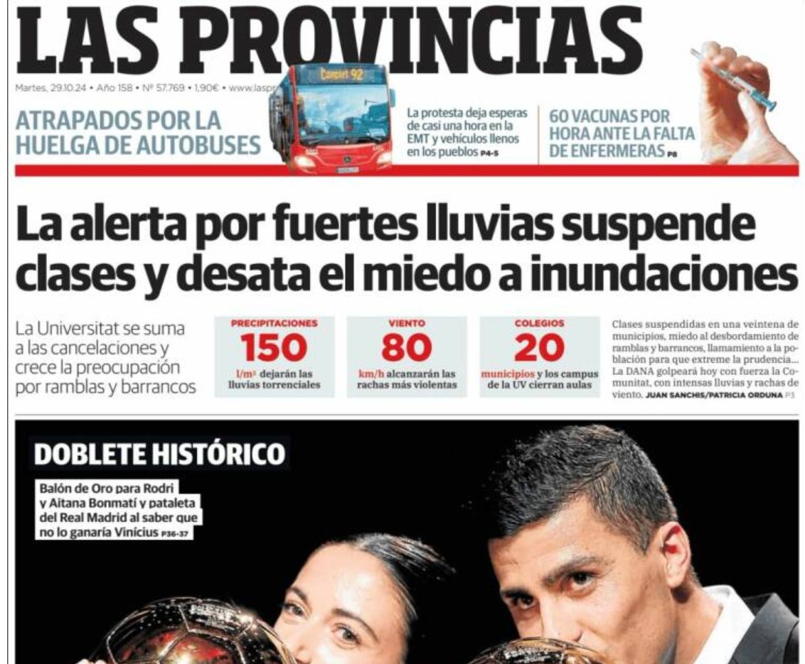 Pues para no saber nadie lo que iba a pasar, <a href="/levante_emv/">Levante-EMV</a>  y <a href="/lasprovincias/">LAS PROVINCIAS</a> abrían portada: Amenaza de fuertes lluvias, corte carreteras, suspensión de clases y miedo a inundaciones.
Pero la consellera Pradas "no tenía ni idea de Emergencias" y Mazón tenía "planes" en el Ventorro