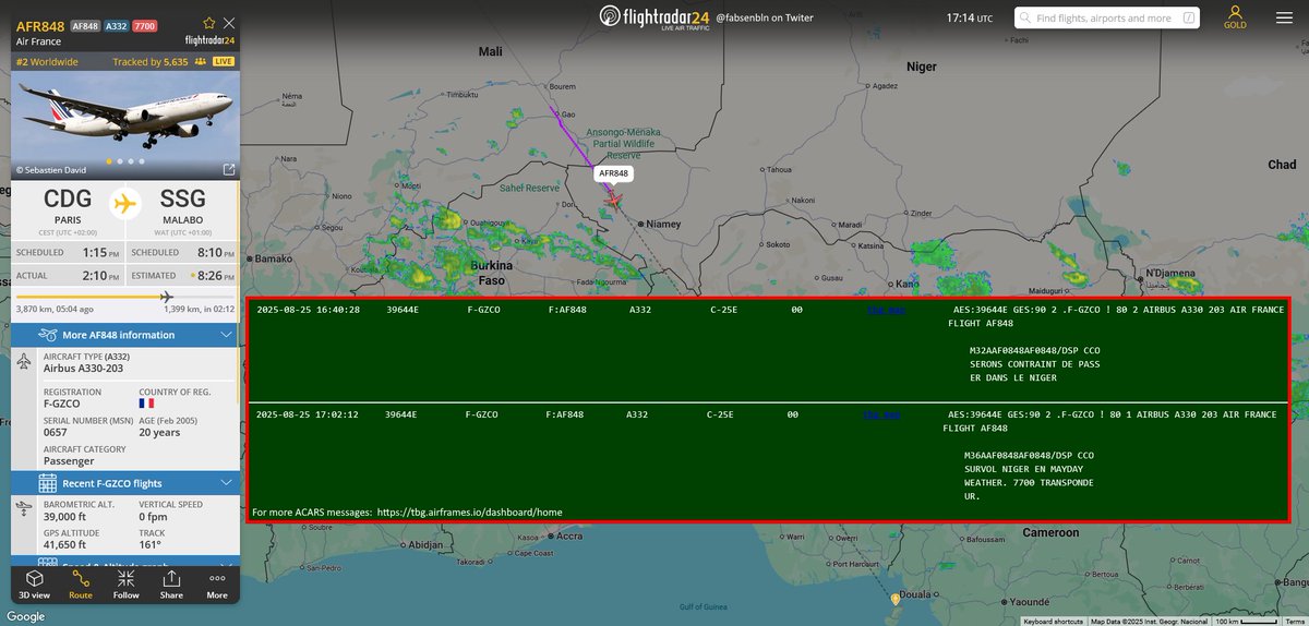 #Niger🇳🇪 - Aircraft with 🇫🇷registration are not permitted to fly through the 🇳🇪airspace. An <a href="/airfrance/">Air France</a>  A330 (reg. F-GZCO | #39644E) from Paris to Malabo is forced by weather conditions to fly into Niger despite the ban, squawking 7700 emergency. #AFR848
ACARS h/t <a href="/thebaldgeek/">thebaldgeek</a>.