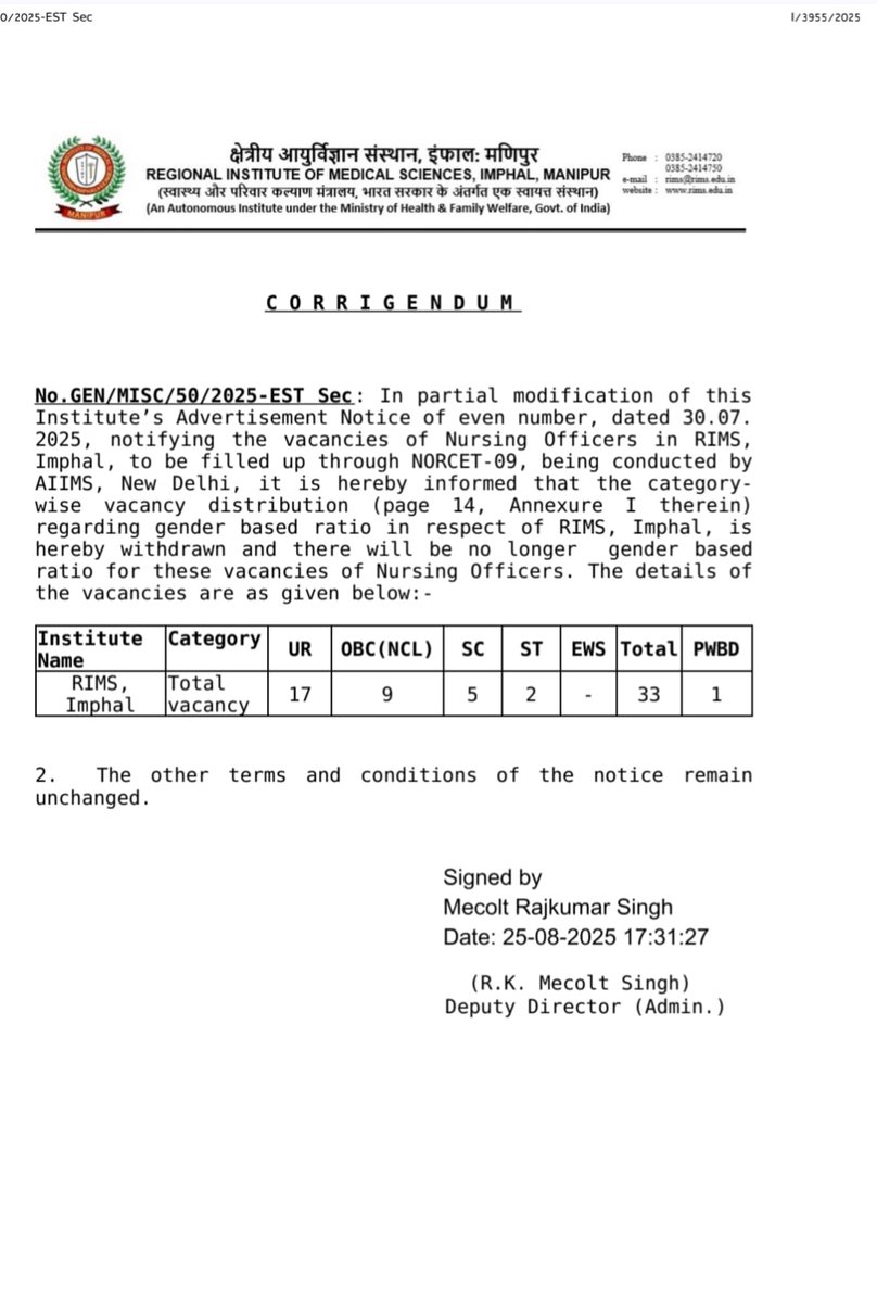 ainsc_official's tweet photo. Vacancies of Nursing Officers in RIMS,Imphal, to be filled up through NORCET-09, being conducted by
AIIMS, New Delhi,
It is hereby informed that the category-
wise vacancy distribution 
regarding gender based ratio in respect of RIMS, Imphal, is
hereby "Withdrawn and there will be no longer Gender BasedRatio" for these vacancies of Nursing Officers.

Finally, RIMS Institute also accepted that the gender based(80:20 Female male) Ratio nursing officer vacancy rule is a black law and it should be withdrawn🙏🏻

JWC assures you all that one day the Gender Based black rules will be removed from all the institutes coming under NORCET.
#save_nursing_profession 
@MoHFW_INDIA @aiims_newdelhi