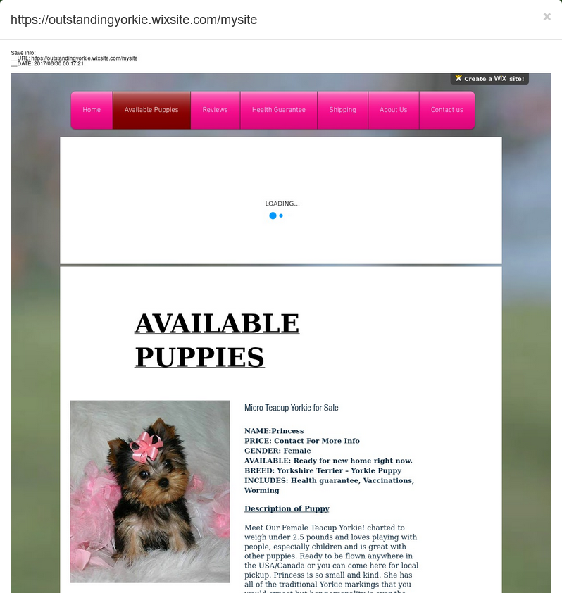 Why do scammers love <a href="/Wix/">Wix</a> ?

Why, you can hide stuff ... where a 404 page is a hidden threat.

hXXps://outstandingyorkie.wixsite.com/

Oh, it's 404 ... ?

Nope, the same puppies have been sold since at lrast Aug 30, 2017

hXXps://outstandingyorkie.wixsite.com/mysite