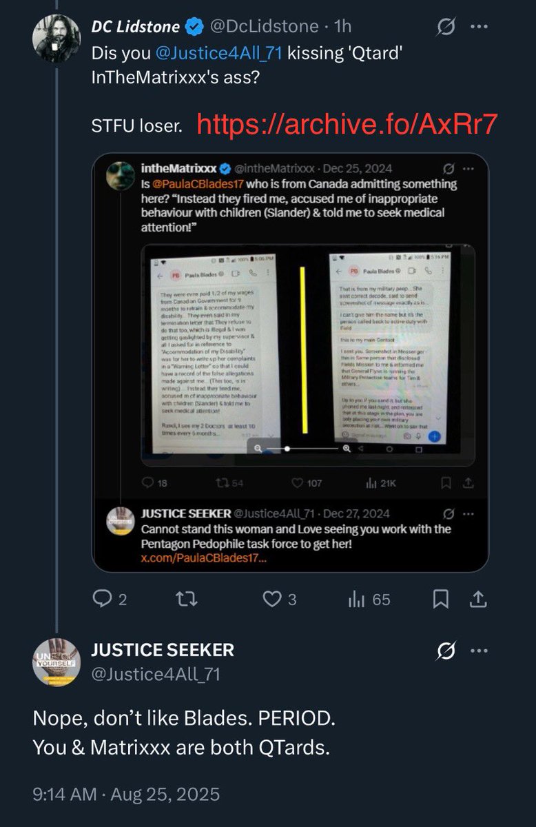 PaulaCBlades17's tweet photo. Good Lord… 🤦🏻♀️
What a Fucking Clown Show! 🤡
Both you, @DcLidstone & @Justice4All_71 have reduced yourselves to re-posting these blatant lies about me!!!
Timothy Charles Homseth made this shit up & you have both just exposed yourselves as the #PathologicalLying🤥 #BoogerEaters🤡 you are.
https://t.co/GCJ2CXmMZU
Archive: https://t.co/CUVWXgKQ23
https://t.co/kKP8SfgHML
Archive: https://t.co/FQyaaUpVGk