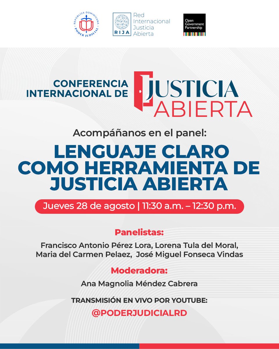 🎉 ¡Llegó la semana de la Conferencia Internacional de Justicia Abierta! 🇩🇴

Este 27 y 28 de agosto, Santo Domingo será el punto de encuentro de voces de toda la región para repensar la justicia desde la apertura, la innovación y la participación.

Acá la agenda completa 👇🧵: