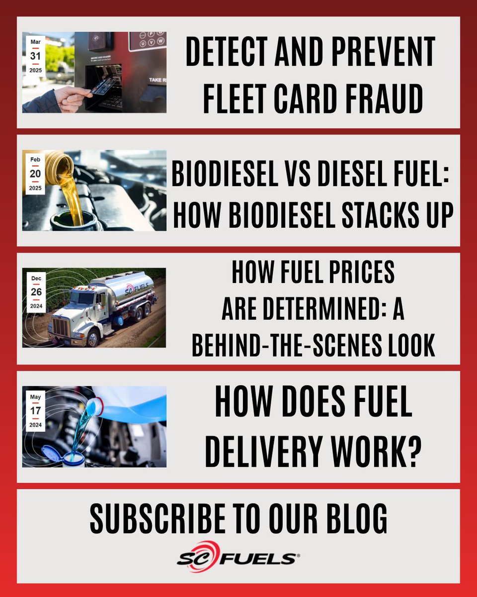 Do any of these topics interest you? Looking to learn more about fleet cards, fuel delivery, and fleet maintenance? Subscribe to our blog! bit.ly/45whgF1

#scfuels #trucking #fueldelivery #fleetcards #dieselfuel #gasoline #alternativefuel  #fuelingnetwork #mobilefueling