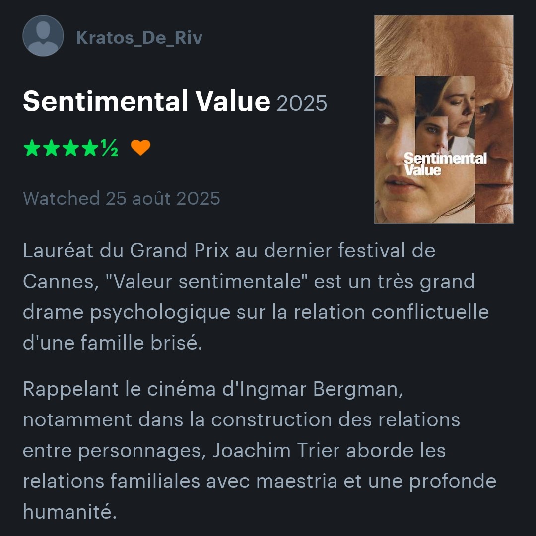 Mon avis rapide sur #ValeurSentimentale (#SentimenalValue) de Joachim Trier.