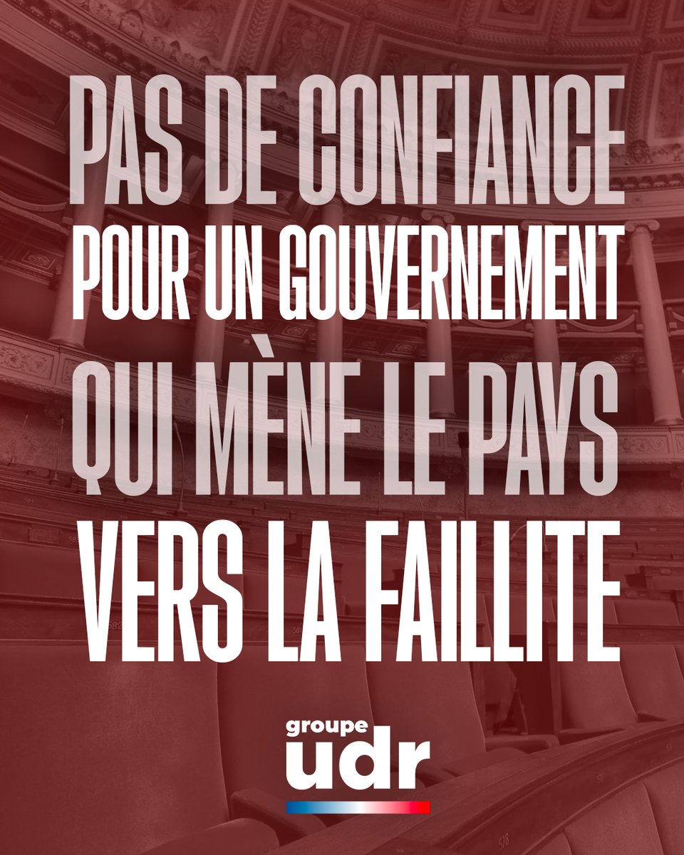groupeudr's tweet photo. ❌  Nous refuserons catégoriquement d’accorder la confiance à un gouvernement et une majorité qui ont conduit la France sur le chemin de la faillite.

Le budget de François Bayrou est dans la droite ligne de ses combats politiques, lui qui a fait élire François Hollande et Emmanuel Macron, petits pères de la dette.