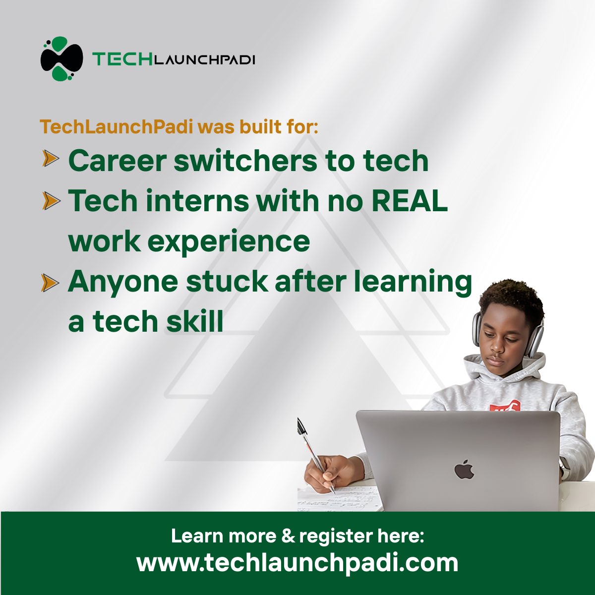 TechLaunchPadi_'s tweet image. TechLaunchPadi was built for: Self taught Techies, Bootcamp &amp;amp; Tech Courses grads, Career switchers, &amp;amp; anyone who is stuck after learning a tech skill
