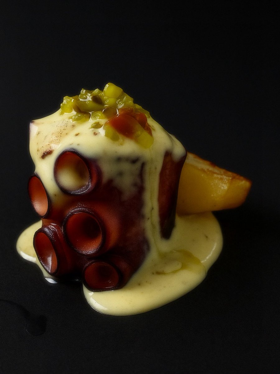 A modo de ensaladilla… patata confitada con pulpo y pepinillos,mahonesa montada con sus jugos