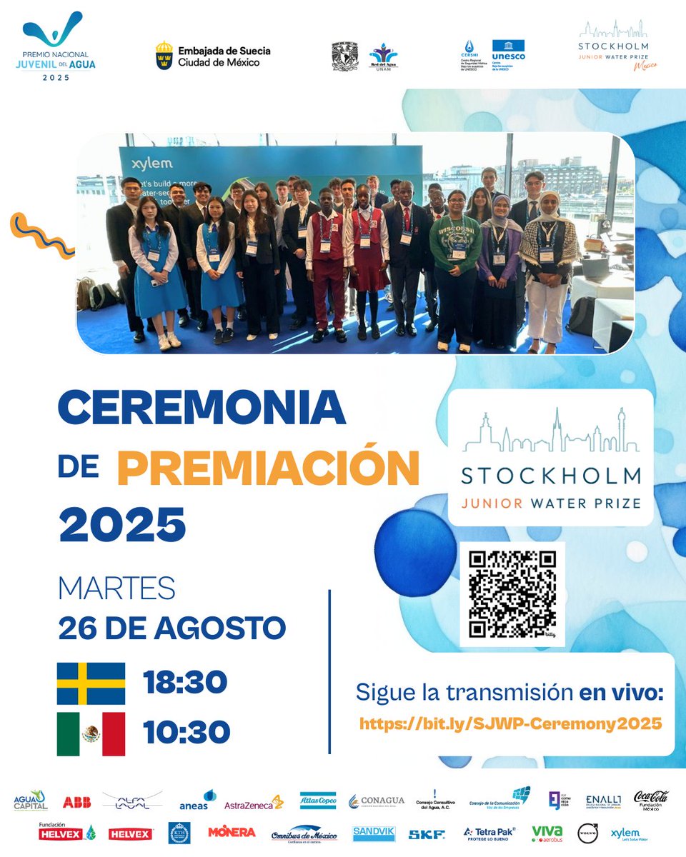 Llegó el momento de apoyar a Máximo Estrella y Pablo Olivares, representantes mexicanos en su búsqueda por llevarse el primer lugar en el #Stockholm Junior #Water Prize 2025. 🪄🎊💧

⌚ Martes, 26 de Agosto
10:30 hrs. (Hora México)🇲🇽
Míralo aquí: bit.ly/SJWP-Ceremony2…