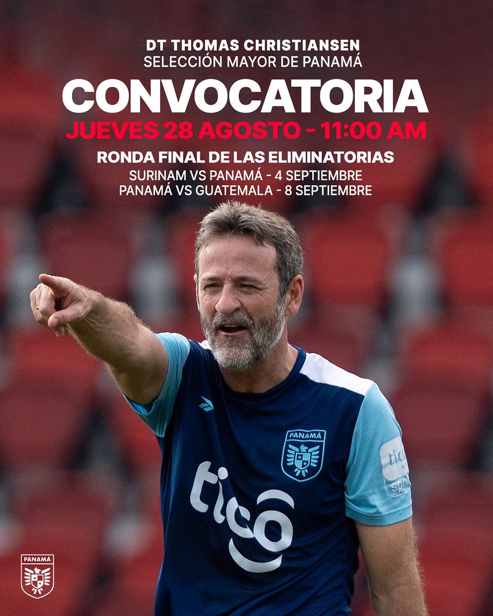 ¡🎙️CONFERENCIA DE PRENSA!

Este jueves 28 de agosto el DT de #PanamáMayor🇵🇦, Thomas Christiansen, hablará en conferencia de prensa previo al arranque de la Ronda Final de las Eliminatorias🏆.

🗓️28 de agosto
🕚11am

🎟️ fepafut.pagatusboletos.com/tickets/listaE…

#MásPanameñosQueNunca🇵🇦