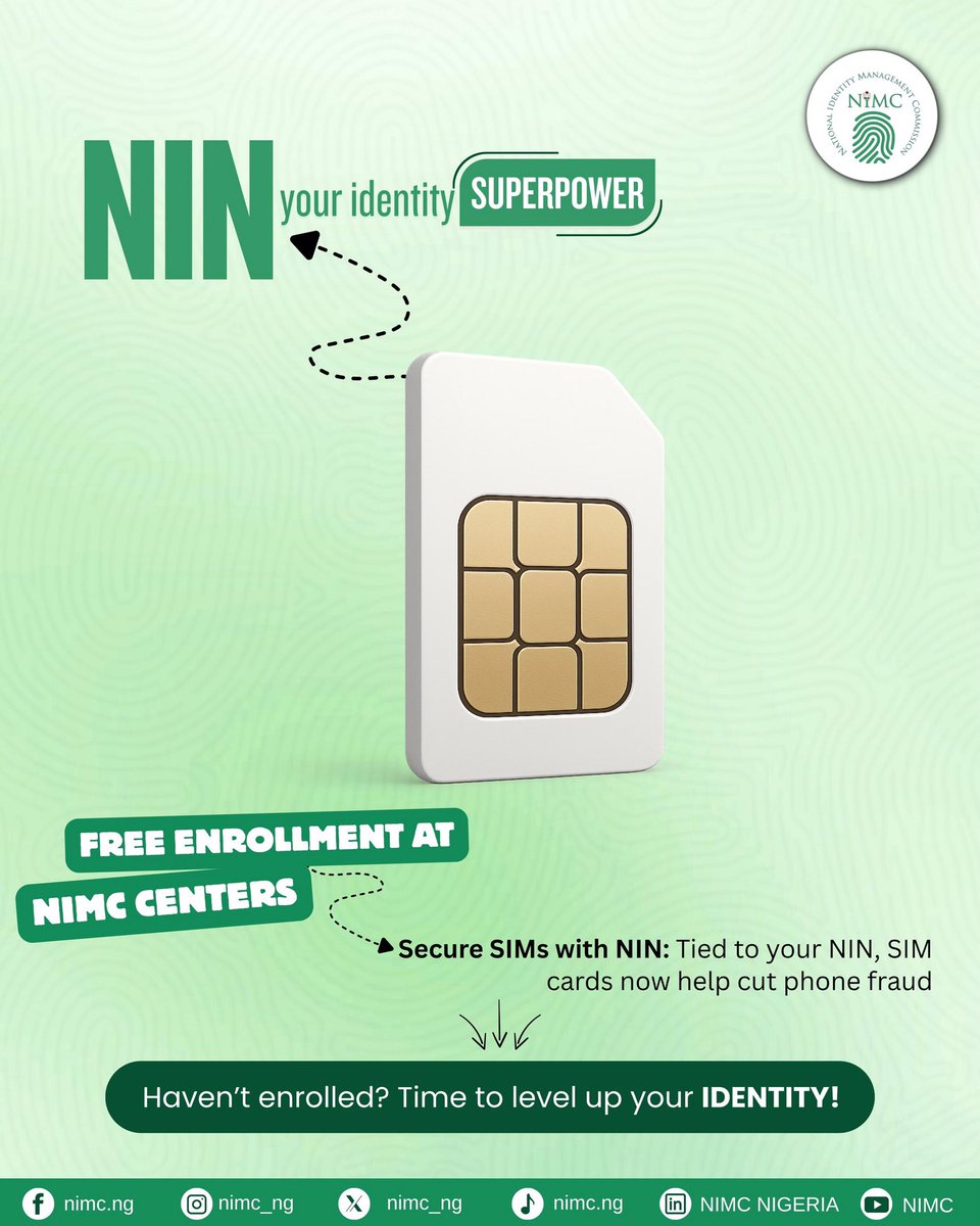 Dear Nigerians, Link NIN to your SIMs today! 
NIN cuts down phone fraud. 
Get enrolled for free at NIMC Enrollment centers today
 #nin #nimc
