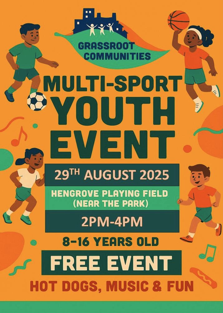 Grassroot_Comm's tweet image. ⚽🏀 FREE Multi-Sport Youth Event! 🎶🌭

📅 Friday 29 Aug
📍 Hengrove Playing Field (near the park)
🕑 2–4pm
👥 Ages 8–16

Sports, hot dogs, music &amp;amp; fun — all FREE! Come get active &amp;amp; enjoy the summer with Grassroot Communities 🌱

#YouthEvent #SouthBristol