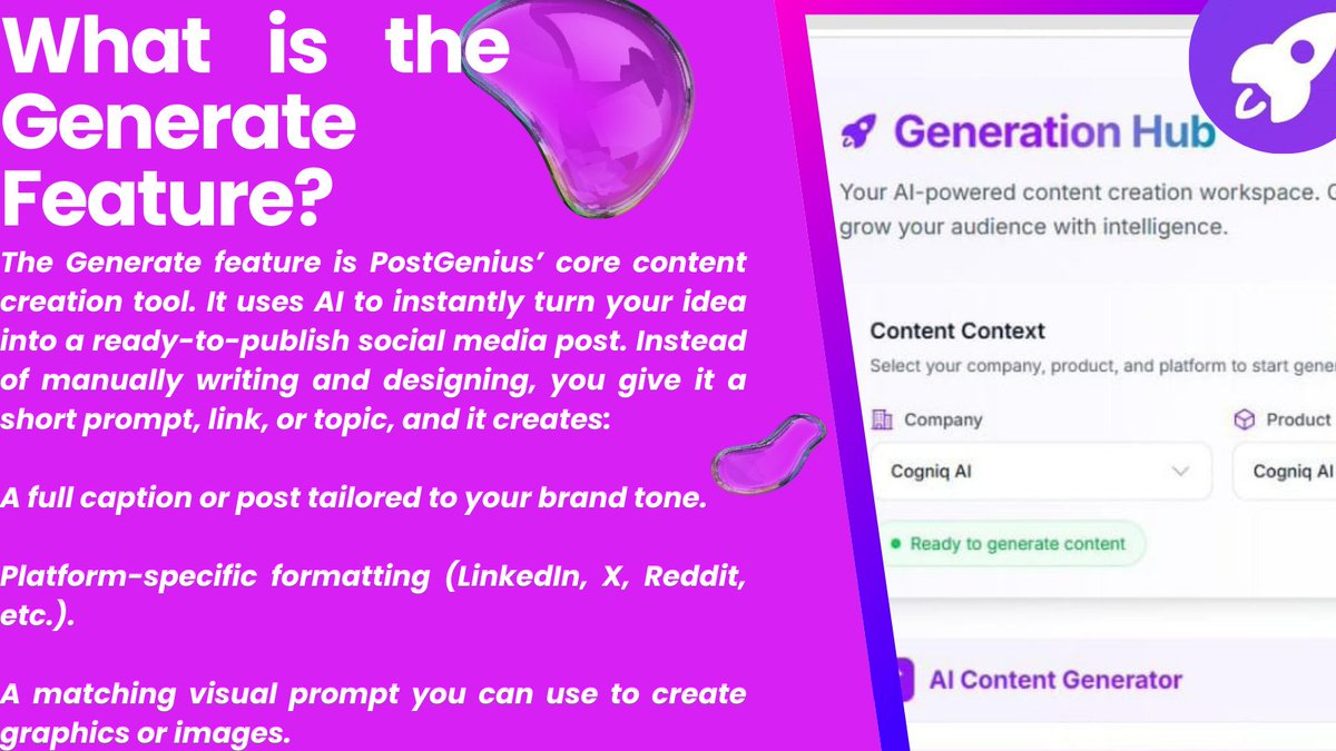 PostGeniusAI's tweet image. 🎉Say goodbye to content creation stress! With PostGenius’ Generate feature, your ideas transform into polished, platform-ready posts in a snap! Captions, formats, and visual prompts crafted to shine all in one click. Boost your brand with ease! #Content #CogniqAI #PostGenius #AI