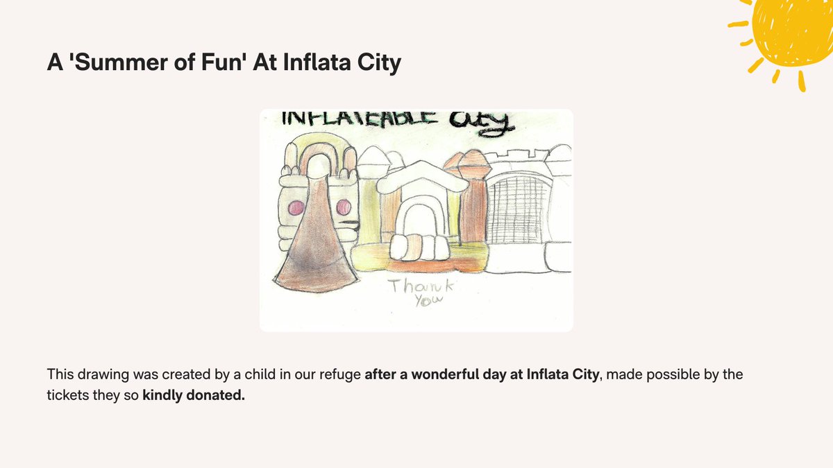 saferplacesuk's tweet image. Children in our refuges are making special memories this summer 💜

Thanks to @InflataCity’s ticket donation, families enjoyed a day of bouncing, laughter &amp;amp; fun – and the kids even drew pictures to remember it!

A real #SummerOfFun 🌟