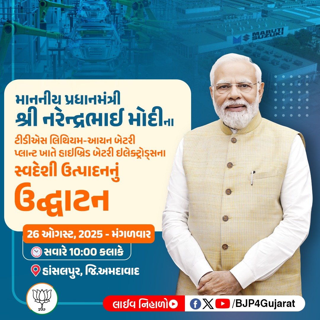 BJP Gujarat (@bjp4gujarat) on Twitter photo માનનીય પ્રધાનમંત્રી શ્રી <a href="/narendramodi/">Narendra Modi</a> જી ટીડીએસ લિથિયમ-આયન બેટરી પ્લાન્ટ ખાતે હાઇબ્રિડ બેટરી ઇલેક્ટ્રોડ્સના સ્થાનિક ઉત્પાદનનું ઉદ્ઘાટન કરશે.
🕙 આવતીકાલે સવારે 10:00 કલાકે
સ્થળ: હાંસલપુર, જિ.અમદાવાદ
લાઈવ નિહાળો:
* Facebook.com/BJP4Gujarat
* x.com/bjp4gujarat
* માનનીય પ્રધાનમંત્રી શ્રી <a href="/narendramodi/">Narendra Modi</a> જી ટીડીએસ લિથિયમ-આયન બેટરી પ્લાન્ટ ખાતે હાઇબ્રિડ બેટરી ઇલેક્ટ્રોડ્સના સ્થાનિક ઉત્પાદનનું ઉદ્ઘાટન કરશે.
🕙 આવતીકાલે સવારે 10:00 કલાકે
સ્થળ: હાંસલપુર, જિ.અમદાવાદ
લાઈવ નિહાળો:
* Facebook.com/BJP4Gujarat
* x.com/bjp4gujarat
*