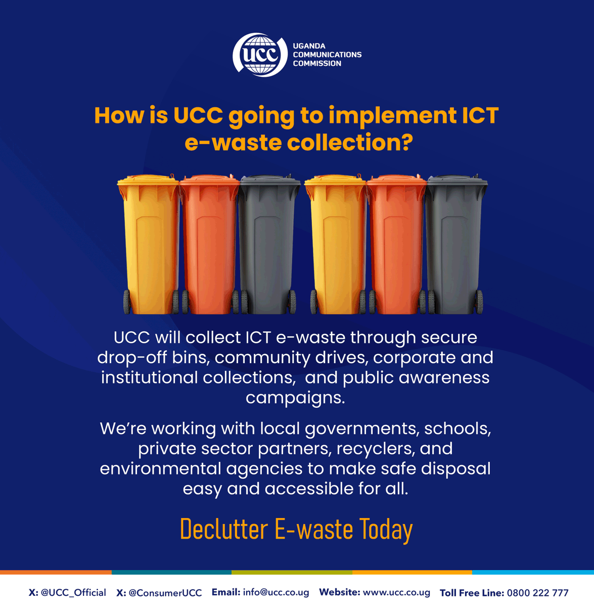 UCC_Official's tweet photo. UCC is making ICT e-waste disposal easier than ever.
From drop-off bins to school & community drives, we’re working with partners to protect our environment.
#DeclutterEwasteToday #EwasteAwareness #DigitalResponsibility
@UCC_ED @ConsumerUCC @UgCERT @bbossa @bekietem @VASConsults @towauchafu