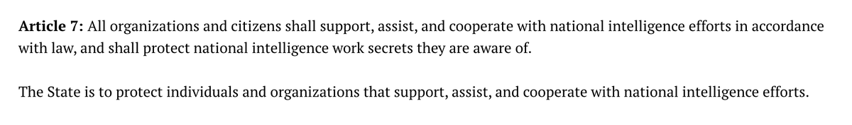 All Chinese citizens are compelled by law to assist the Chinese government in gathering intelligence.