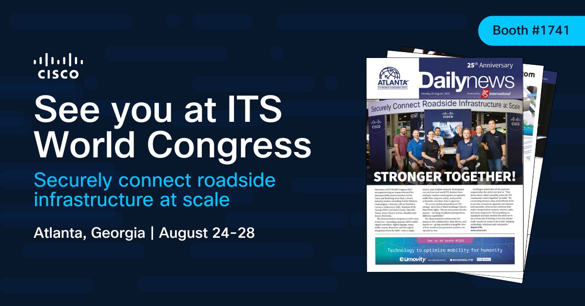 Breaking news from #ITSWC2025! Cisco is live on the show floor. 🙌 Industry leaders are showcasing live, multi-vendor secure interoperability to improve safety and traffic flow. Visit us at Booth #1741.

Learn more ➡️ cs.co/6013fFWYx