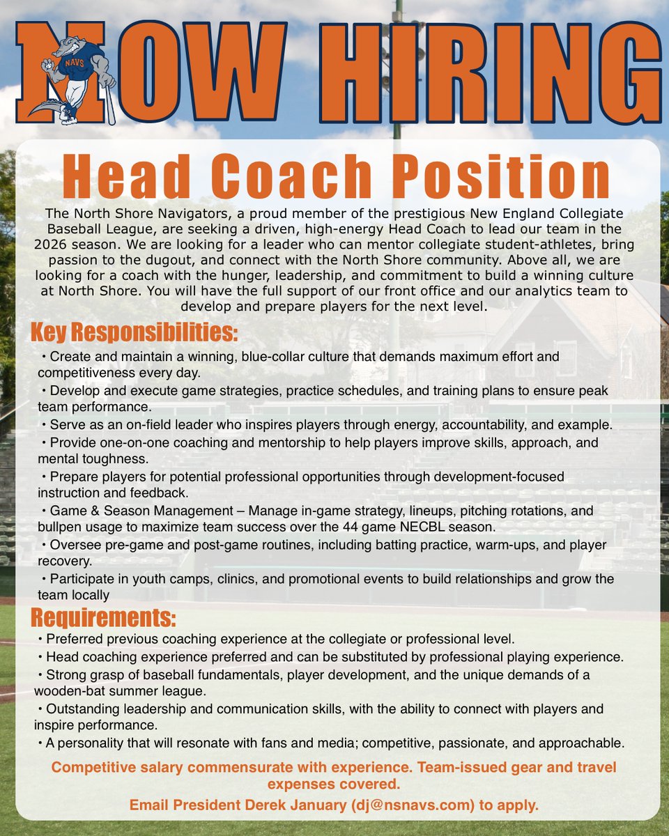 North Shore Navigators (@nsnavigators) on Twitter photo The North Shore Navigators, a proud member of <a href="/TheNECBL/">The New England League</a>, are seeking a driven, high-energy Head Coach to lead our team in the 2026 season.
Email President Derek January (dj@nsnavs.com) to apply.
🔗: nsnavs.com/north-shore-na…
#NavsNation | #NECBL The North Shore Navigators, a proud member of <a href="/TheNECBL/">The New England League</a>, are seeking a driven, high-energy Head Coach to lead our team in the 2026 season.
Email President Derek January (dj@nsnavs.com) to apply.
🔗: nsnavs.com/north-shore-na…
#NavsNation | #NECBL