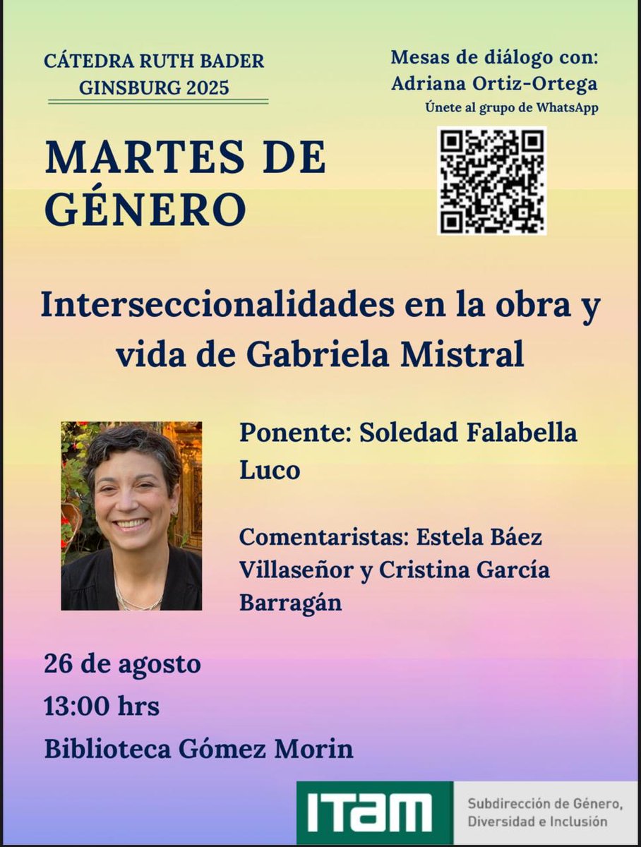 Horacio Vives Segl (@hvivessegl) on Twitter photo 📢MAÑANA
Retomamos los #MartesDeGénero de la <a href="/DAE_ITAM/">Asuntos Estudiantiles ITAM</a> <a href="/ITAM_mx/">ITAM</a>
Vida y obra de Gabriela Mistral
Con <a href="/solefalabella/">Soledad Falabella Luco</a>
🗓️26 agosto
⏰1pm
📍<a href="/_CCMGM/">C.C. Manuel Gómez M.</a> 📢MAÑANA
Retomamos los #MartesDeGénero de la <a href="/DAE_ITAM/">Asuntos Estudiantiles ITAM</a> <a href="/ITAM_mx/">ITAM</a>
Vida y obra de Gabriela Mistral
Con <a href="/solefalabella/">Soledad Falabella Luco</a>
🗓️26 agosto
⏰1pm
📍<a href="/_CCMGM/">C.C. Manuel Gómez M.</a>