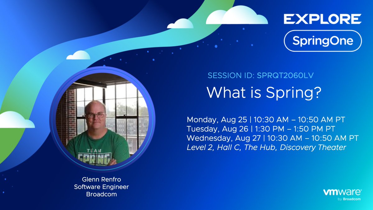 SpringOne's tweet image. Happening NOW at #VMwareExplore! Ever wonder what powers the systems behind AI solutions? Join @cppwfs for "What Is Spring?" in The Hub. Learn how Spring forms the backbone of countless enterprise applications. brcm.tech/4mqwhye