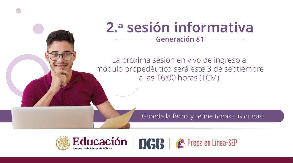 Aspirante a la generación 81, ¡la ayuda está por llegar! 🤗💻

Únete a la transmisión en vivo de la segunda sesión informativa del #KitDelAspirante, para resolver tus dudas sobre el módulo propedéutico.
 
youtube.com/live/M0S4ZeIoe…