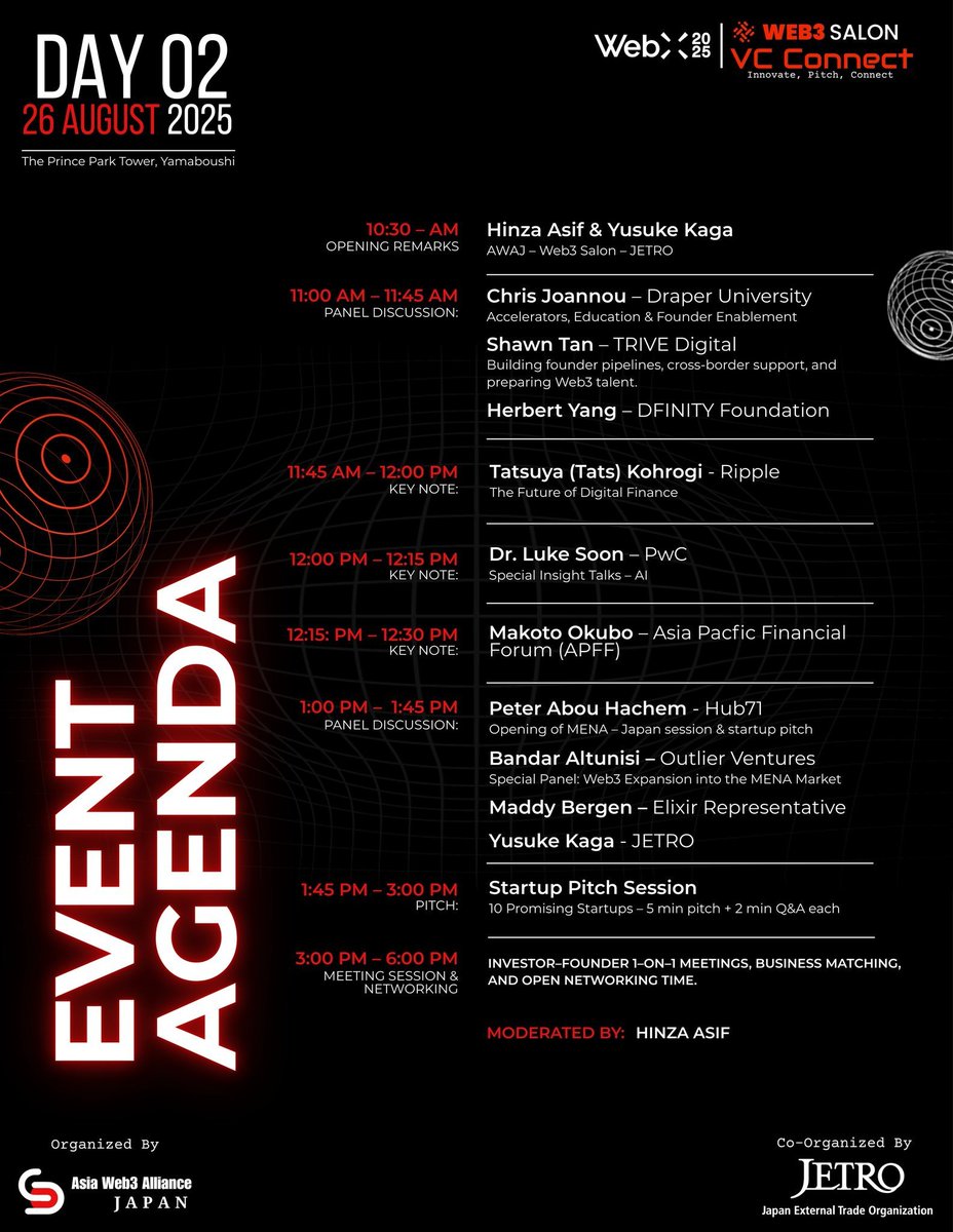 Xenea_io's tweet photo. ⚡️ Today, Xenea Co-founder @yuma_xenea  will be pitching at the VC Connect Session at WebX2025 @WebX_Asia!

WEB3 SALON VC Connect
⏰ August 26, 1:45 PM (JST) – Pitch Session
📍 Web3 Salon Area – Yamaboshi Room, The Prince Park Tower

Presenting our vision for the future of decentralized infrastructure. Come join us! ✨
@JETRO_jgc @Web3Salon @AWAJ_official