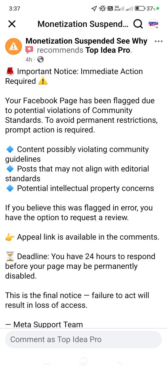 topideapro's tweet photo. Emergency Require
Dear @facebook I've received a notification about Facebook page monetization permanent Suspend in case they gave to me 24 hours for appeal require through attach a link already I'm was including here screenshot...please reply it fake or real https://t.co/U0JLtQUAu3