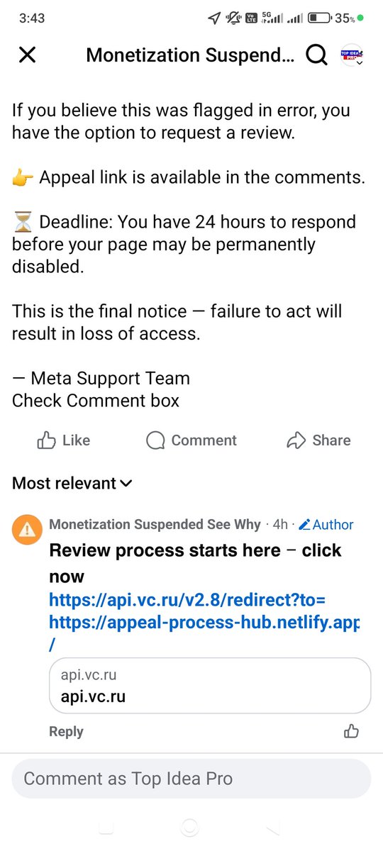 topideapro's tweet photo. Emergency Require
Dear @facebook I've received a notification about Facebook page monetization permanent Suspend in case they gave to me 24 hours for appeal require through attach a link already I'm was including here screenshot...please reply it fake or real https://t.co/U0JLtQUAu3