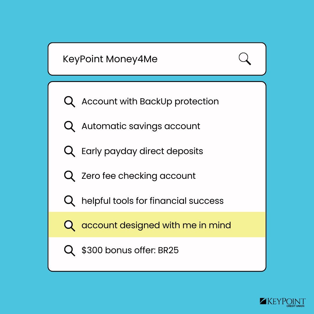 KeyPointCU's tweet image. Experience a checking account, designed with you in mind. Money4Me works for you, with BackUp protection, SaveUp automatic savings, and an interface that gives you total control. Explore more at kpcu.com. #KeyPointCreditUnion #kpcu