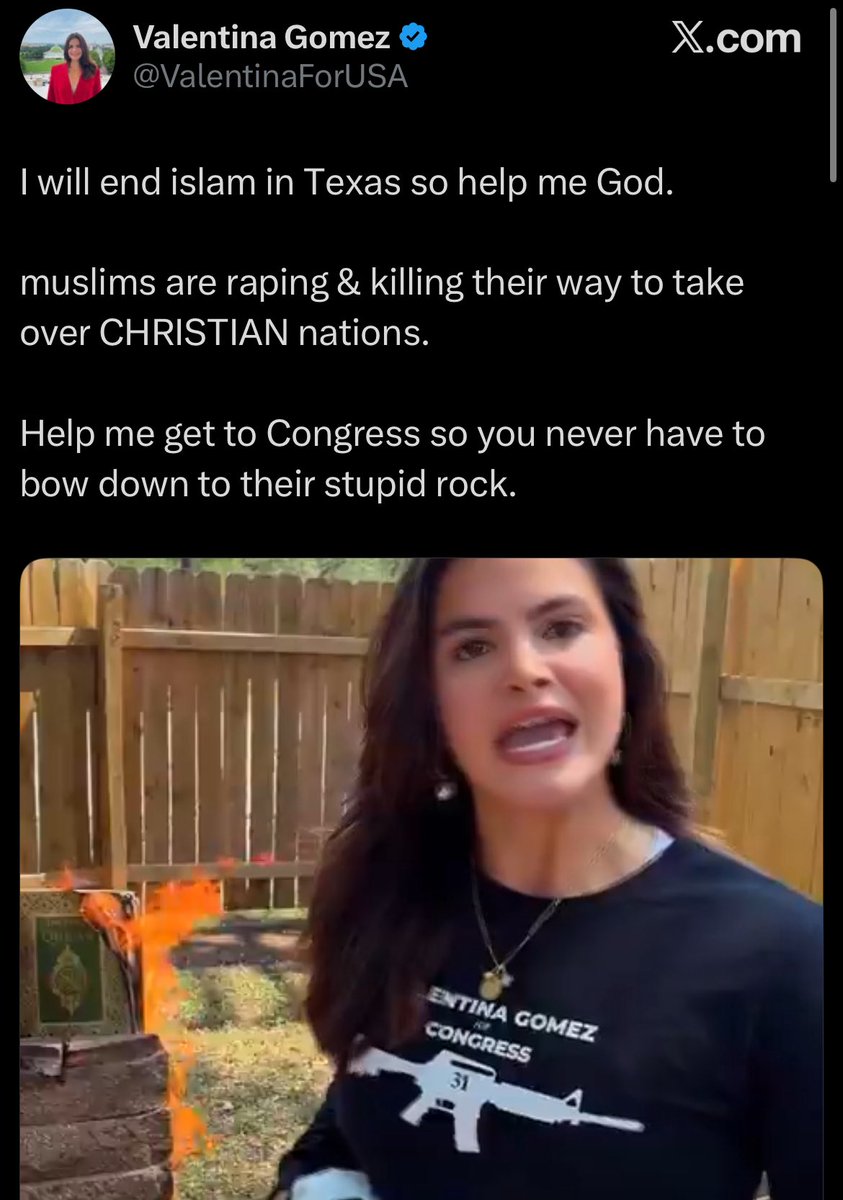 AdameMedia's tweet photo. Valentina Gomez burns the Quran and calls for the murder all 2 billion Muslims on X.

She will literally do anything for clout. Anything.

Why is this person allowed to incite hate and murder? @X @Safety

Lucas Gage was suspended for 6 months after burning a piece of the Talmud. https://t.co/EnDUfU9xFh