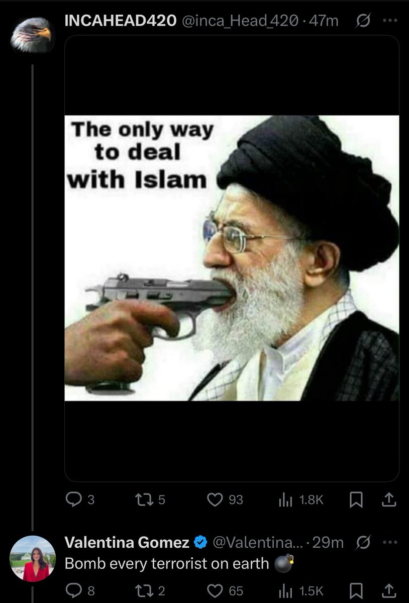 AdameMedia's tweet photo. Valentina Gomez burns the Quran and calls for the murder all 2 billion Muslims on X.

She will literally do anything for clout. Anything.

Why is this person allowed to incite hate and murder? @X @Safety

Lucas Gage was suspended for 6 months after burning a piece of the Talmud. https://t.co/EnDUfU9xFh