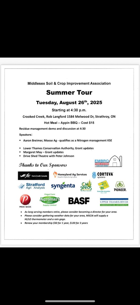 Middlesex Soil and Crop will be hosting our summer meeting tomorrow night at Crooked Creek. 

Residue management demo, agronomy talk, grant program updates, food, and more! 
Michelle DeNijs, from Agriculture Wellness Ontario, will also be speaking. 

<a href="/OntarioSoilCrop/">Ontario Soil & Crop</a> <a href="/TVRSCIA/">Cathy Dibble</a>